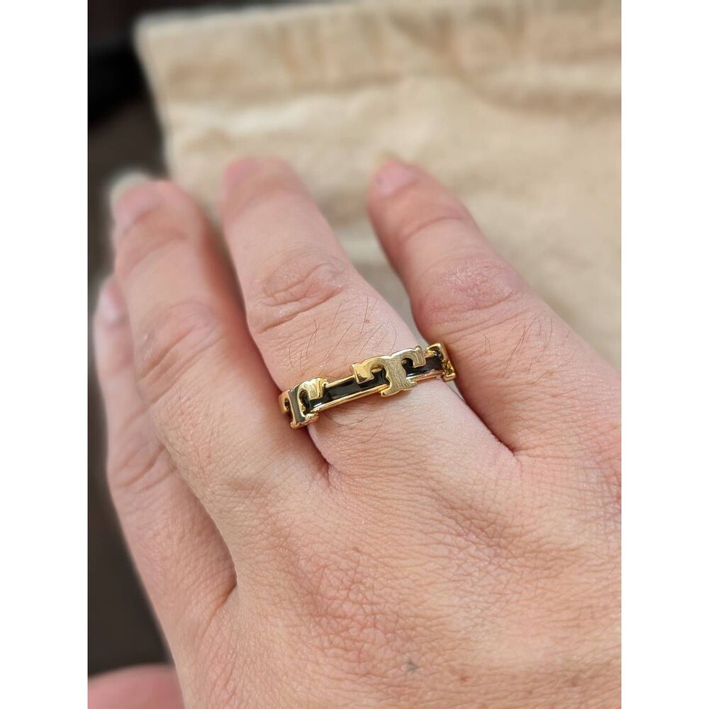 TORY BURCH Serif  T Logo Black Enamel Stackable Ring Size 7 - Picture 4 of 4